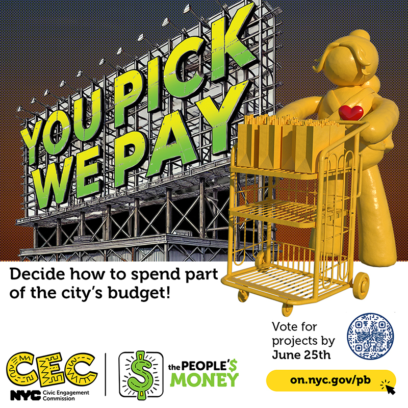 The image contains a Sunny figurine selling churros next to a large banner saying “You Pick We Pay”, text below reads decide how to spend part of the city budget with information to visit CEC website to vote online