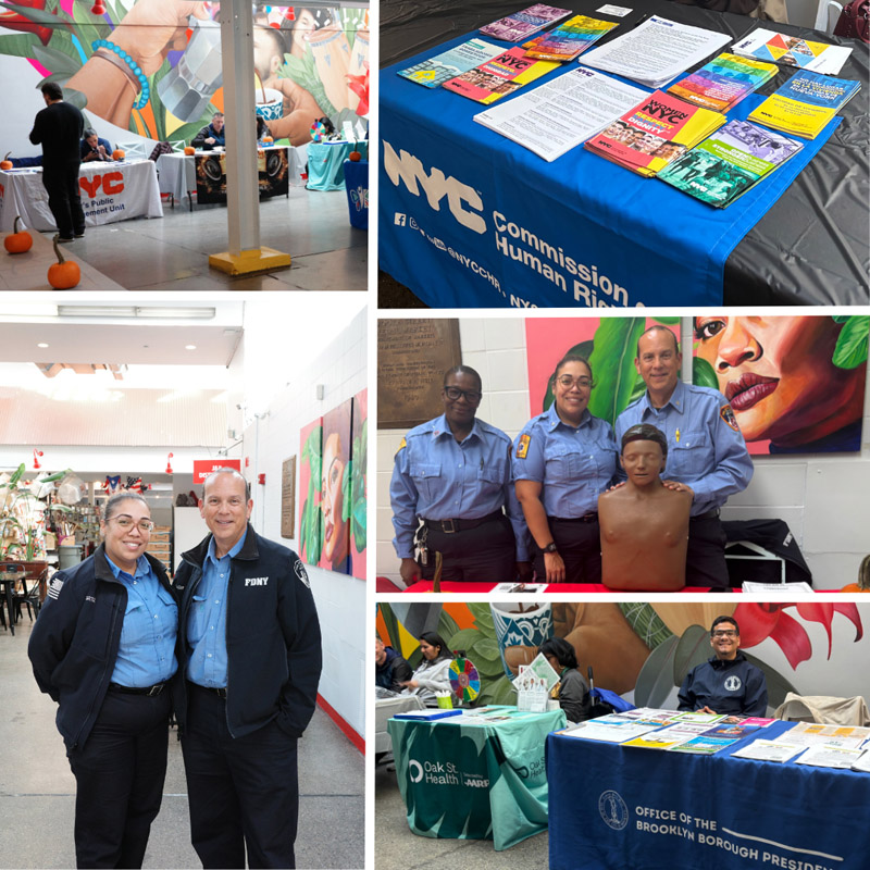 Resource fair: Collage of photos from the CEC's Health & Wealth resource fair, showing images of the vendors' tables, as well as a photo of people from the FDNY with a CPR mannequin and another photo of people from the FDNY posing and smiling.