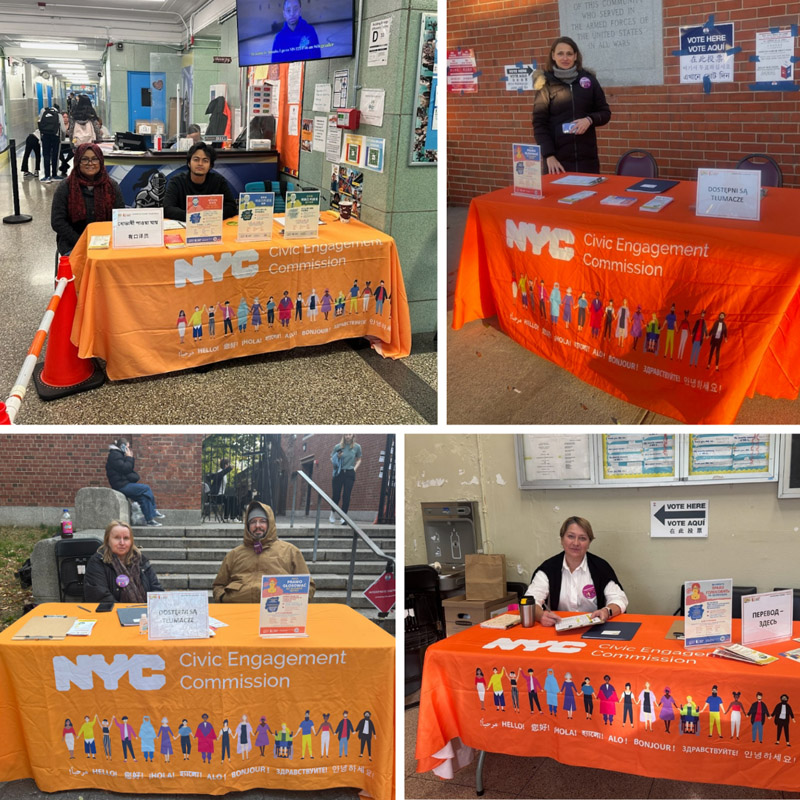 Poll site interpreters: Collage of four images of language interpreters at poll sites for the General Election in New York City, sitting at tables with bright orange table cloths that say Civic Engagement Commission