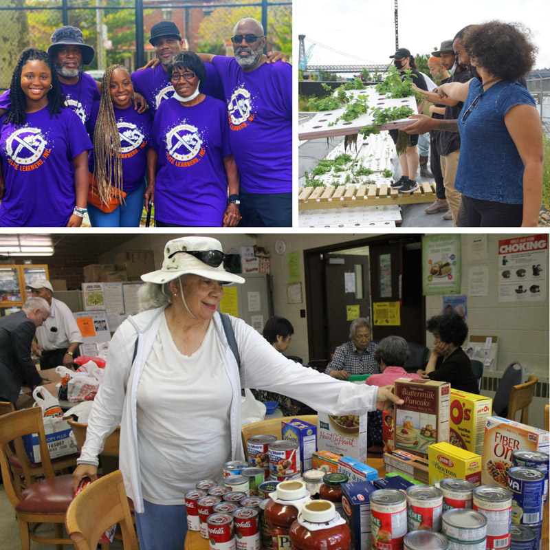 Projects recap: Collage of three images. Top left is a group posing with their arms around each other, top right is people working with plants outside, bottom is a senior woman smiling taking a box of pancake mix from a table filled with food.