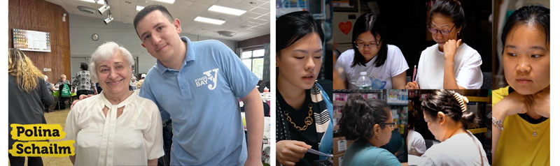 This collage of two photos shows attendees of two different What's in Your Borough? Workshops. The photo on the left features an elderly woman and a young man smiling together in a lively indoor setting. The photo on the right is a compilation of four smaller images showing younger and older women engaged in conversation.