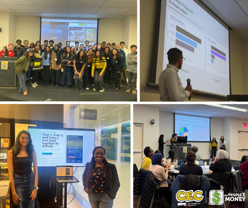 Collage of four photos, with a group photo of about 30 people smiling in front of a classroom at the top left, a man holding a microphone while presenting in front of a large projector on the top right, five students presenting in front of the large projector as people listen sitting at tables in front of them on the bottom right, and two students smiling in front of a screen and computer showing People's Money data on the bottom left.