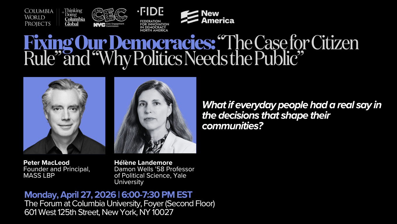 o	Black and blue graphic with  Fixing Our Democracies event information and photos of Peter MacLeod and Hélène Landemore on it