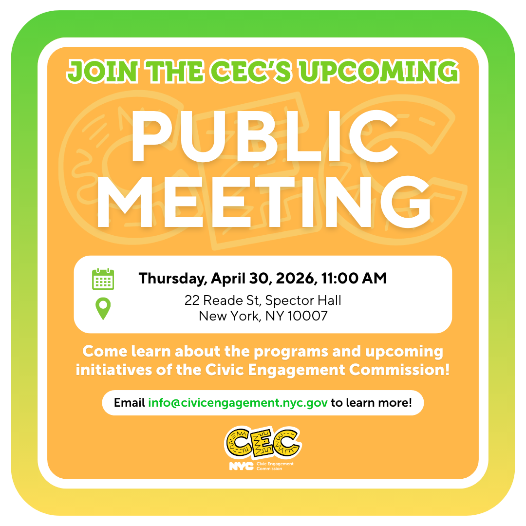 oOrange, green, and yellow graphic with text that says Join the CEC's upcoming public meeting in large letters, and has the date, location, and other event information.