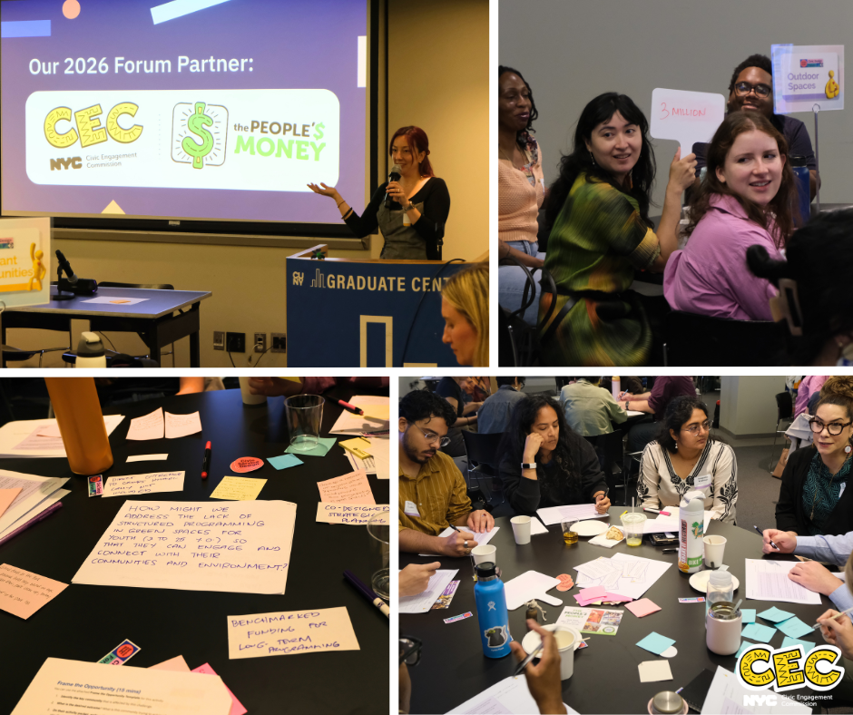 Collage of four photos, with a CEC staff person holding a microphone and speaking at a podium in front of a large screen on the top left, participants sitting at tables holding up a piece of paper on the top right, participants sitting around a table with papers and sticky notes while they work on the bottom right, and activity papers and sticky notes on a table on the bottom left.