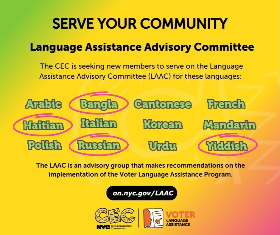 o	This graphic is calling for applications for LAAC. It lists twelve languages, with four of them (Bangla, Haitian, Russian, and Yiddish) circled.