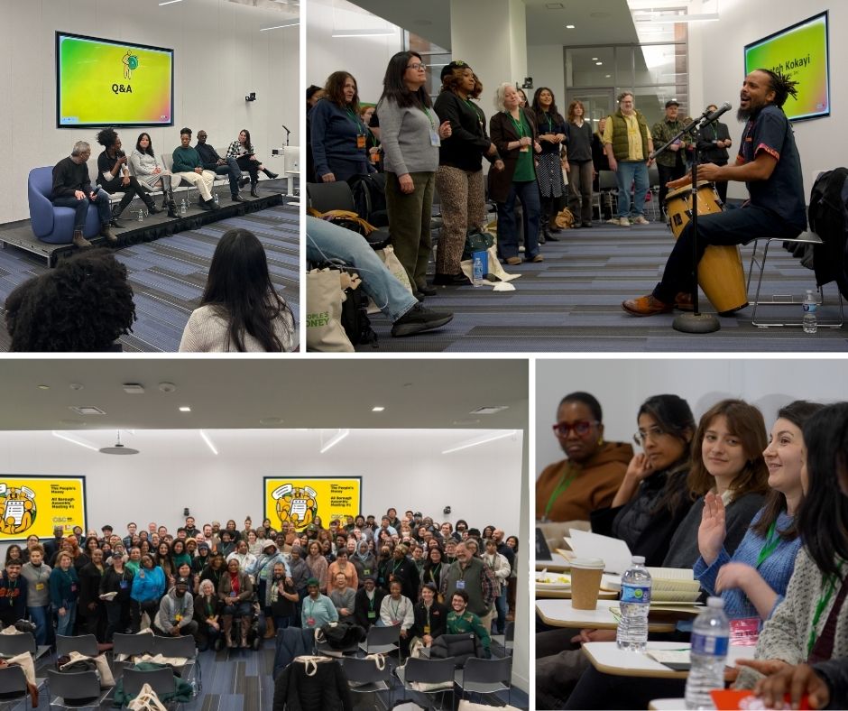 o	This is a collage of four photos from the first Borough Assembly session. The top left photo shows six people sitting on a panel with a screen behind them that says Q&A, the top right photo shows a man playing a drum and singing with an audience standing up across from him, the bottom left photo is a group photo of the Assembly Members, and the bottom right photo is of Members sitting at desks mid-conversation