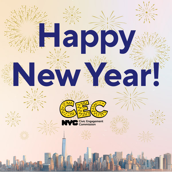 This graphic has large dark blue text saying Happy New Year! as well as the CEC logo on a pastel-colored background with the New York City skyline on the bottom and fireworks in the sky
