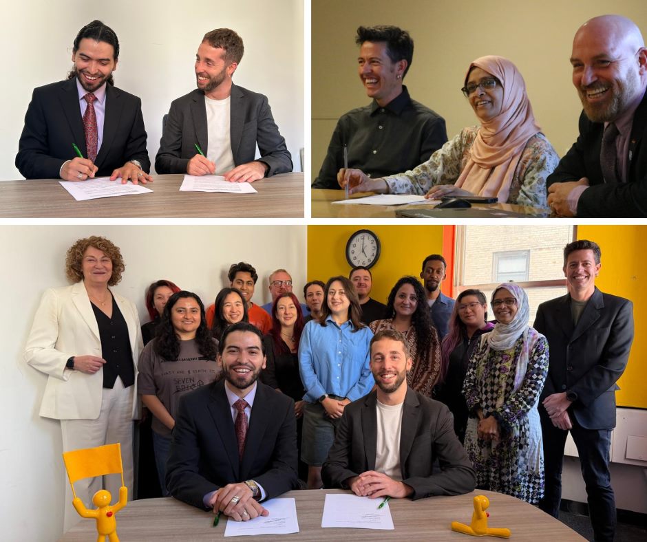 Collage of three photos, with CEC&rsquo;s Chief Information Officer Oscar Romero sitting next to a man from Decidim while they smile and sign an MOU on the top left; CEC Chair & Executive Director Sarah Sayeed smiling while on a panel at the UN on the top right; and a group photo of CEC staff and members from Decidim after signing the MOU on the bottom.