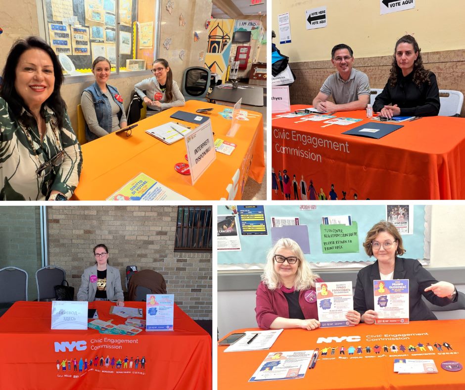 Collage of four photos of poll site interpreters posing as they sit behind bright orange CEC tables with voter information for the June Primary Election.