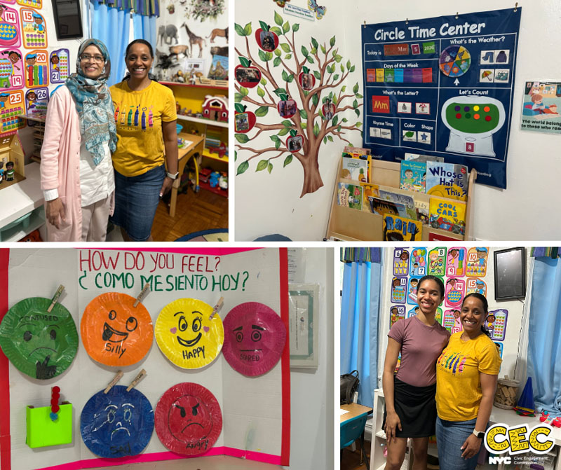 Collage of four photos, with Sarah Sayeed posing with a childcare educator at Elohim Daycare on the top left, a bookshelf with a large poster that says Circle Time Center and a painting of a tree behind it on the top right, two childcare educators from Elohim daycare posting on the bottom right, and a poster that says How do you feel? / Como me siento hoy? with different color paper plates with drawn faces representing different emotions on the bottom left.
