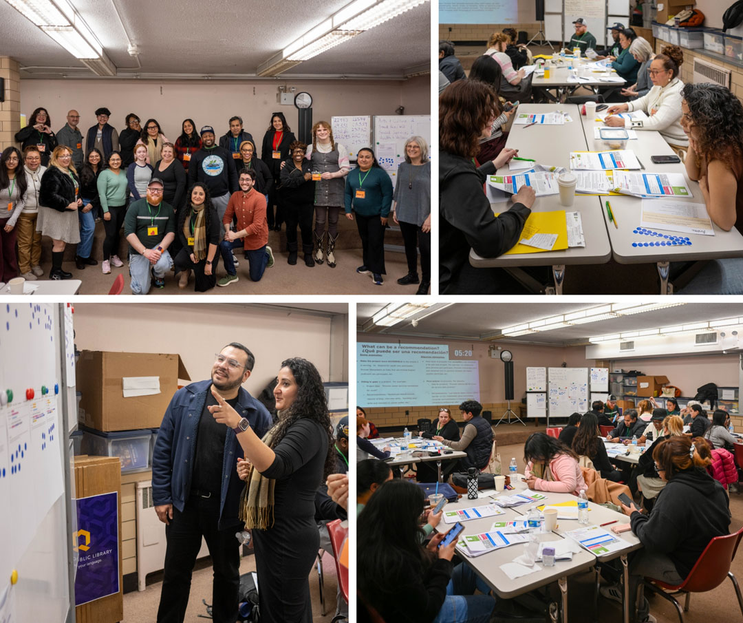 oThis collage of four photos shows a group photo of a Borough Assembly on the top left, Assembly Members sitting and talking at a table on the top right, Assembly Members sitting at tables and looking at a presentation projected at the front of the room on the bottom right, and two people standing looking at a whiteboard on the bottom left.