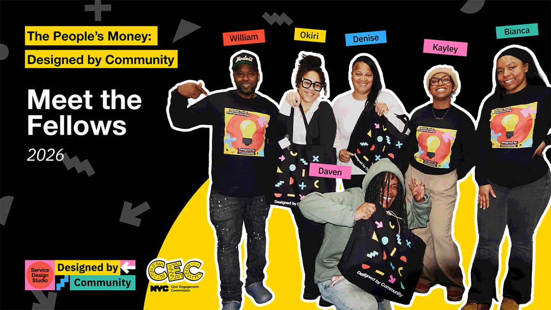 Graphic introducing The People's Money: Designed by Community fellows for 2026, with five fellows posing together against a black and yellow background with their names displayed above them. Logos for the CEC and the Service Design Studio appear at the bottom.