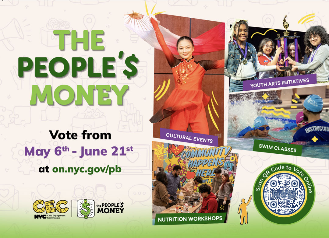 The People's Money promotional graphic with voting dates (May 6-June 21), website and QR code to vote online, alongside photos of community programs including cultural events, youth arts, swim classes, youth arts initiatives, and nutrition workshops.