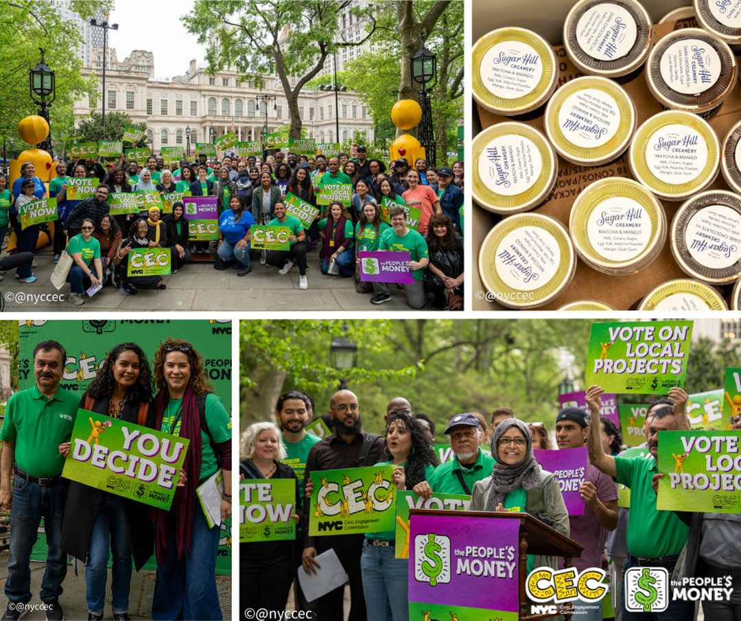 Collage of photos from the The People's Money voting launch event at City Hall Park, showing community members and CEC staff holding voting signs and cups of Sugar Hill Creamery ice cream made for the campaign.