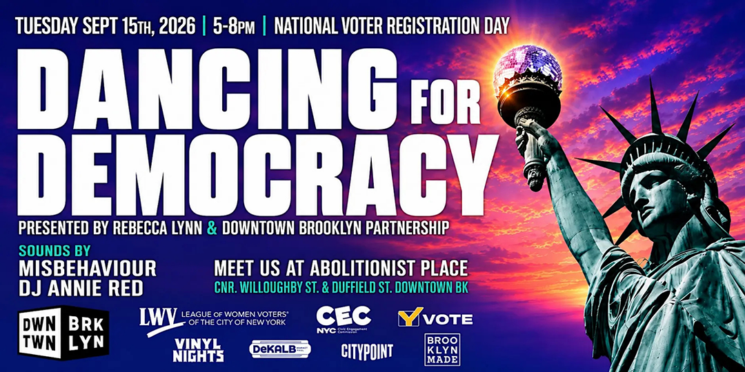 Graphic with Dancing for Democracy in large text on a dark blue background with an image of the Statue of Liberty holding a torch with a disco ball in it in the sky. The graphic includes the event date, time, location, and other information as well as the logos of the organizations hosting the event at the bottom.