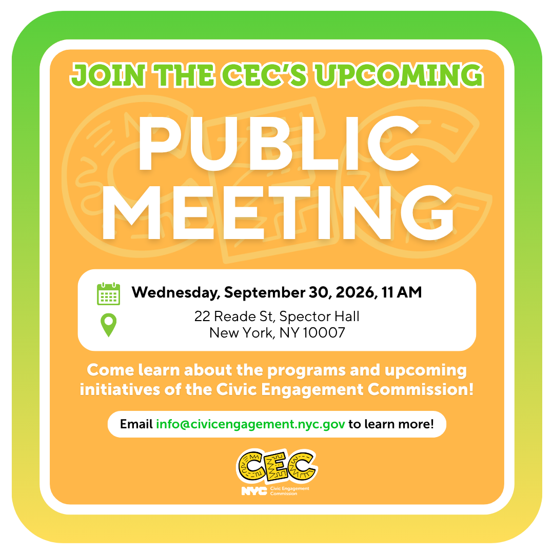 Orange graphic with a green and yellow border that says Join the CEC's upcoming public meeting in large text, with the meeting date, time, location, and a contact email at the bottom.