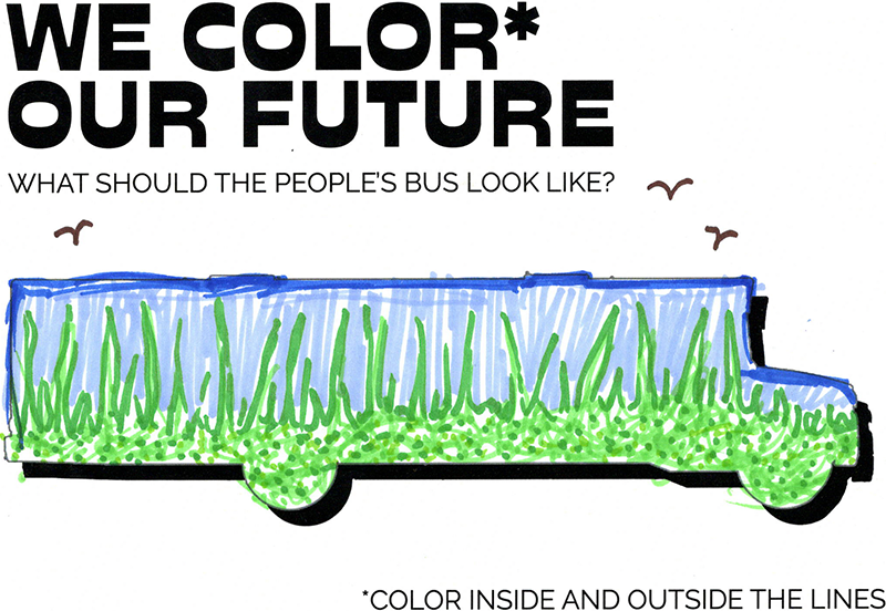 Blue and green landscape colored in template of the people's bus as imagined by Hugo Gonzales