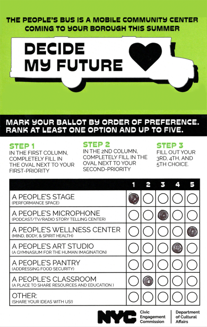 Ranked choice voting sample ballot identifying preferences for design and elements of the bus