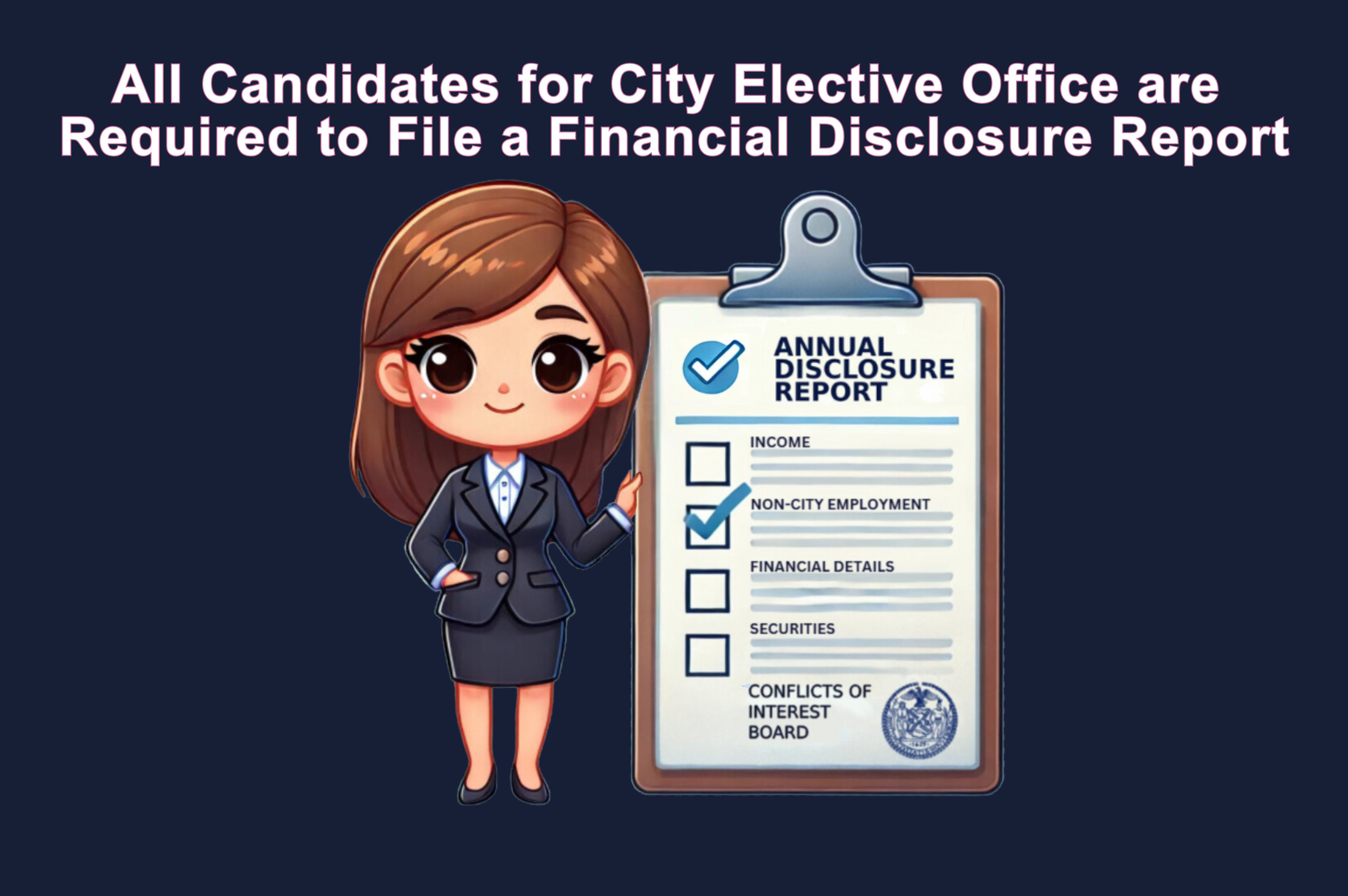 A cartoon woman holds an oversized clipboard with a checklist candidates running for elected office need to be aware of.
                                           