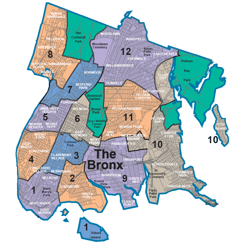 map of community board districts in the Bronx