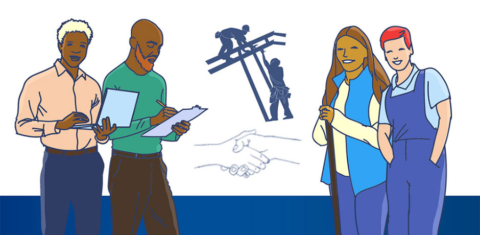 Image of two people on the left holding a clipboard and a laptop. Two more people are just standing on the right. In between the two groups of people are two more images, one is a silhouette of construction workers and below that is an image of hands shaking, indicating agreement.
                                           