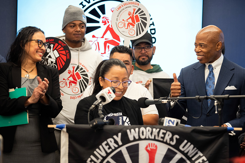 Delivery worker event featuring Mayor Adams and Commissioner Mayuga
                                           