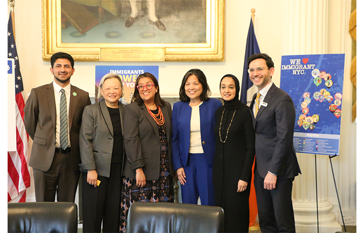 Julie Su, Samuel A.A. Levine, Faiza Ali, Midori Valdivia, and Kitty Chan pose for a photo.
                                           