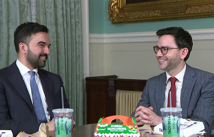 Mayor Mamdani and DCWP Commissioner Sam Levine speak at City Hall
                                           