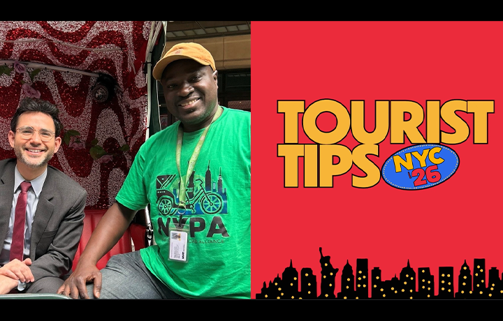 DCWP Commissioner Sam Levine poses in a red and white pedicab with a member of the New York Pedicab Alliance. To the right, yellow text over a red background says 