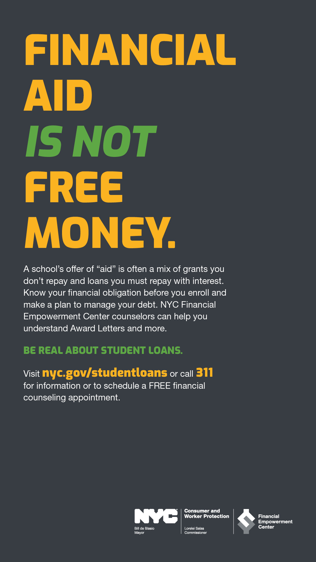 Ad with text FINANCIAL AID IS NOT FREE MONEY