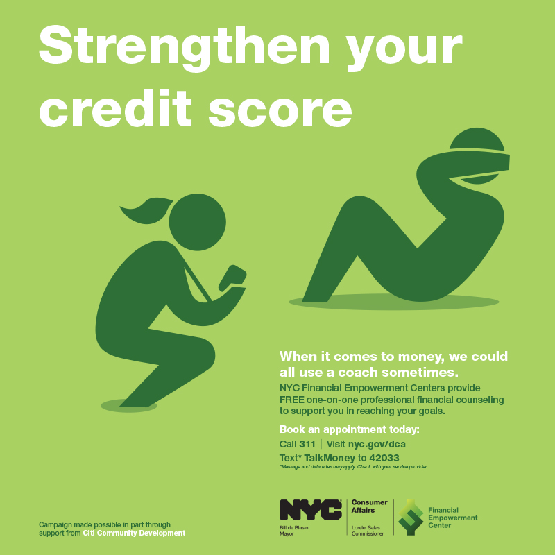 Ad campaign featuring icon of trainer watching trainee do sit ups and tagline reads Strengthen your credit score