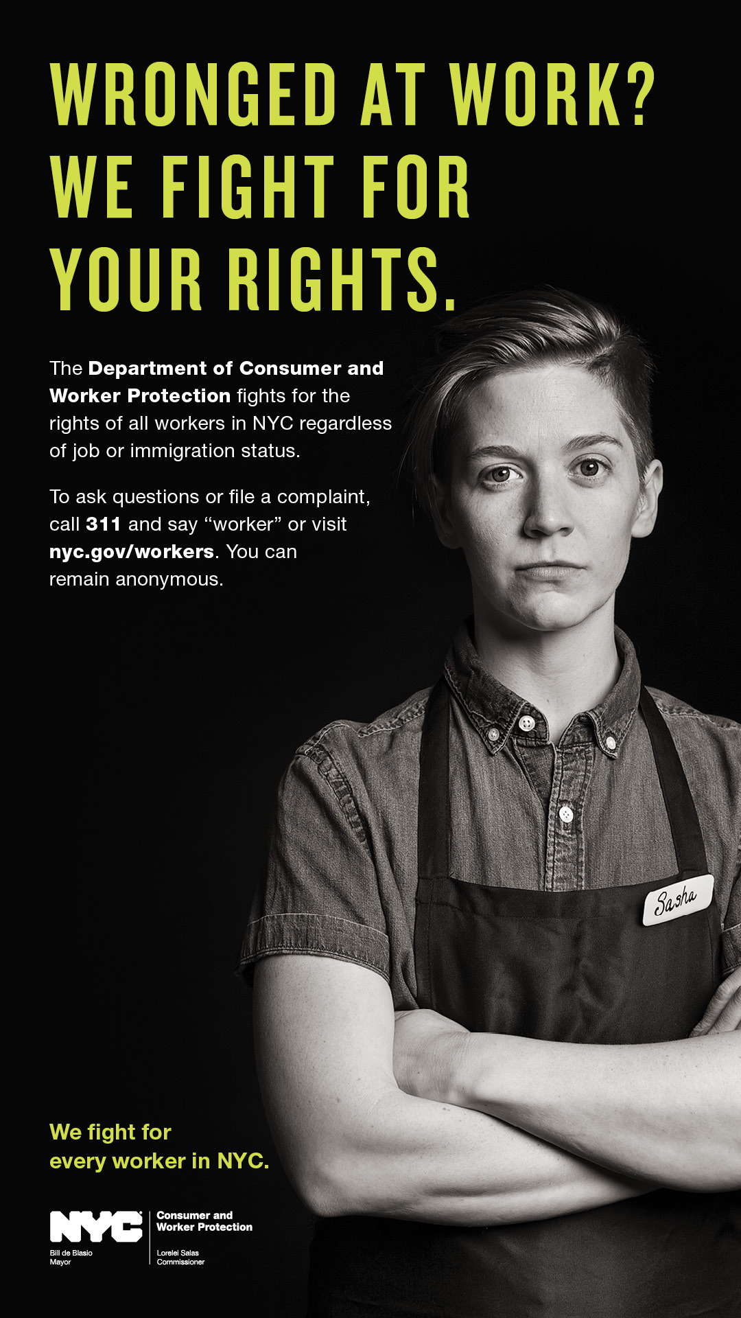 English version of workers' rights campaign ad featuring a food or retail industry worker