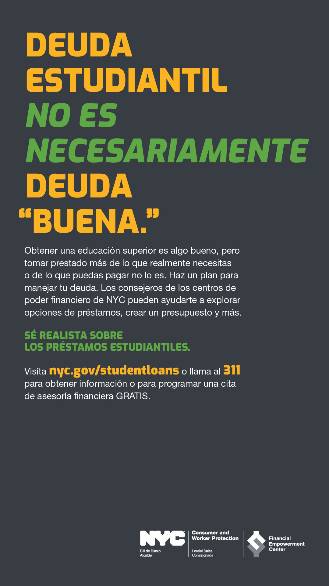 Ad with text DEUDA ESTUDIANTIL NO ES NECESARIAMENTE DEUDA BUENA