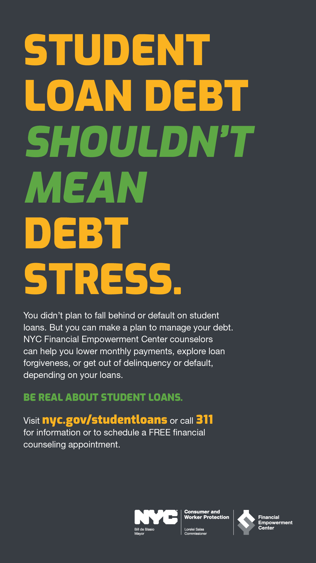 Ad with text STUDENT LOAN DEBT SHOULDN’T MEAN DEBT STRESS