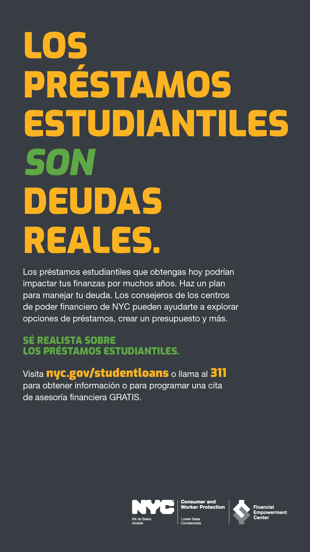 Ad with text LOS PRÉSTAMOS ESTUDIANTILES SON DEUDAS REALES