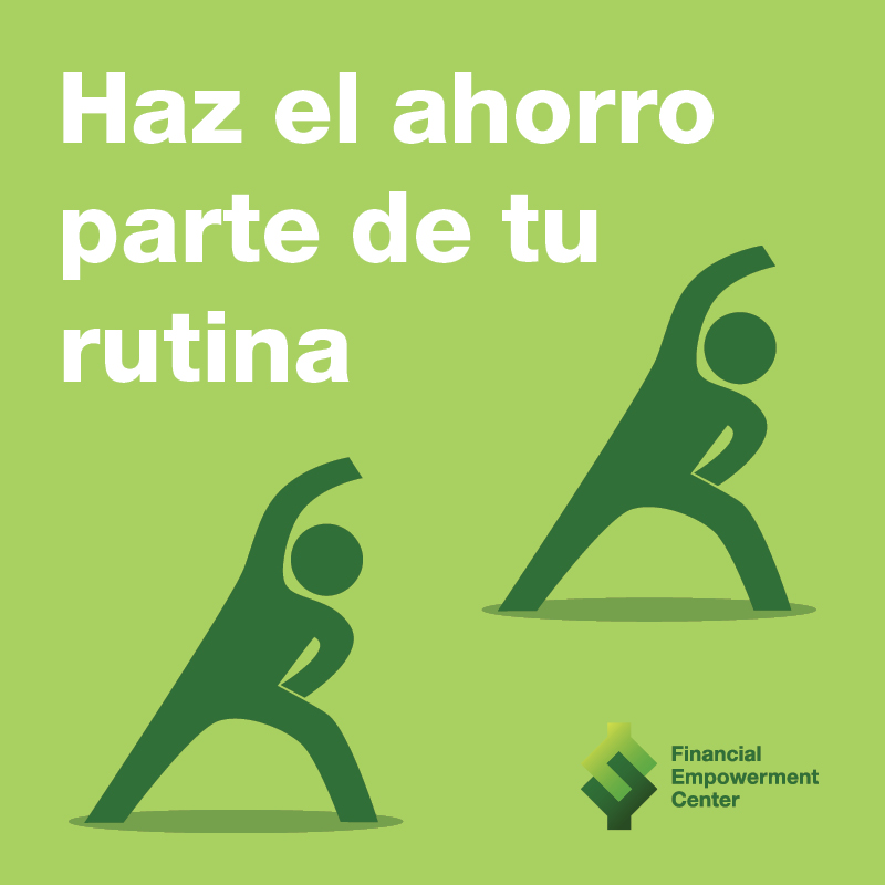 Ad campaign featuring icon of trainer and trainee doing stretches in synch with each other and tagline reads Haz el ahorro parte de tu rutina