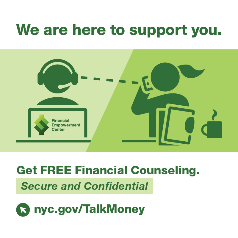 Ad with icon of counselor and client speaking over the phone and tagline reads We are here to support you. Get FREE financial counseling by phone. Secure and Confidential.