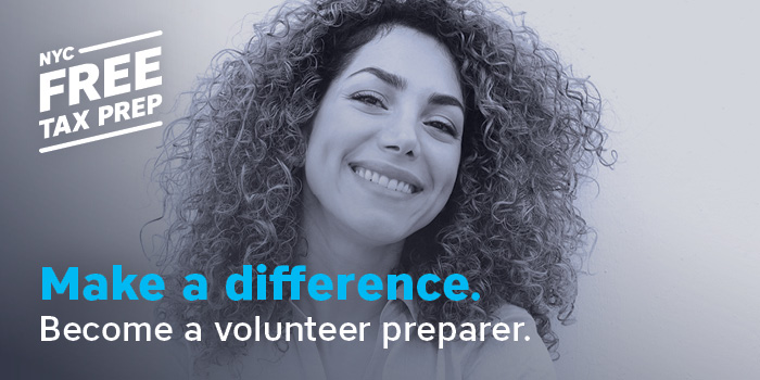 Ad featuring smiling volunteer with tagline, Make a differnece. Become a volunteer preparer.