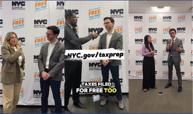 Commissioner Levine speaks with social media influencers in front of NYC Free Tax Prep backdrop