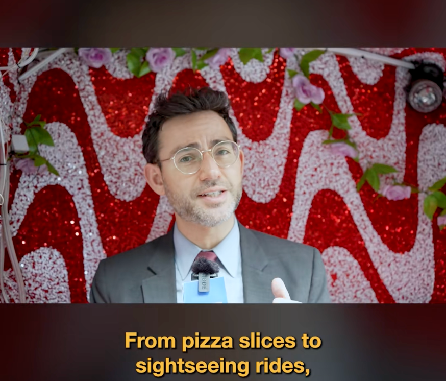 DCWP Commissioner Levine sits in a red and white pedicab with yellow text at bottom: "From pizza slices to sightseeing rides,"