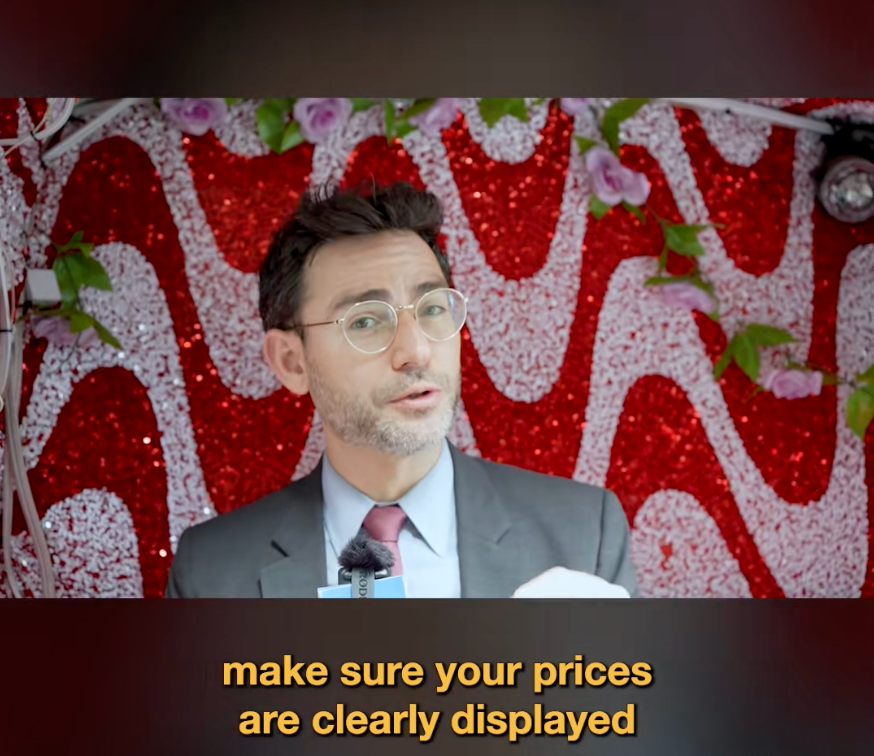 DCWP Commissioner Levine sits in a red and white pedicab with yellow text at bottom: "make sure your prices are clearly displayed"