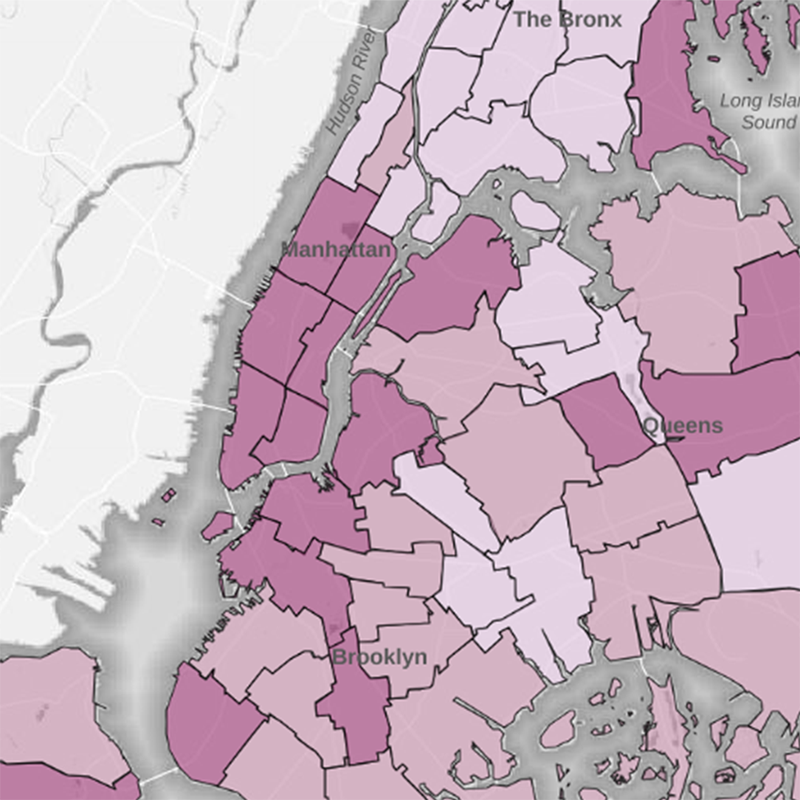 Map of New York City with different neighborhoods highlighted in different colors