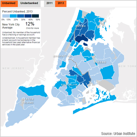 Map depicting percent of unbanked households in NYC 2013