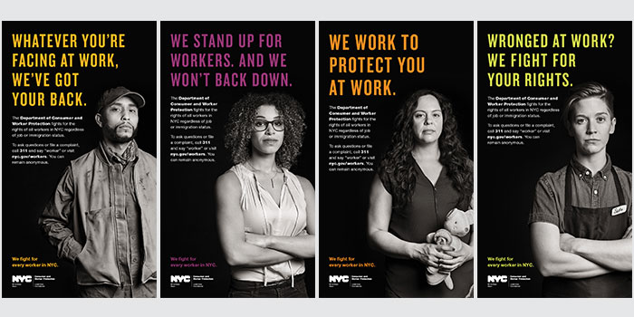 Four photo collage of dcwp campaign ads featuring some of the workers that we protect including day laborer, freelancer, domestic worker and retail/food service worker