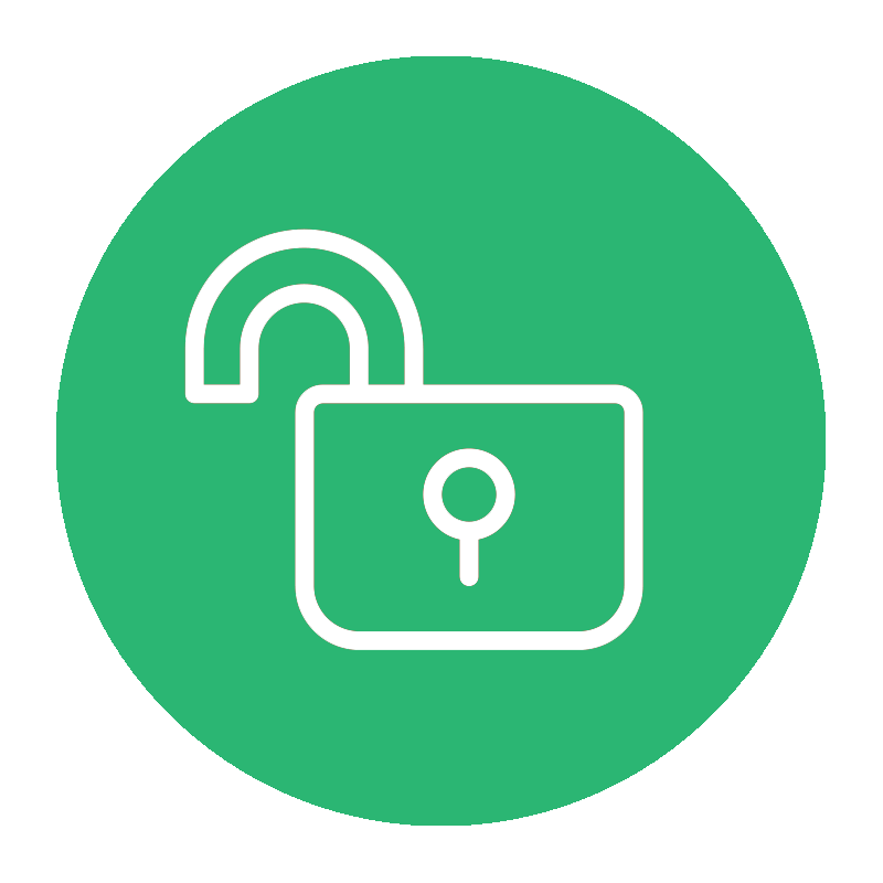 a green circle icon with an line art of a open pad lock