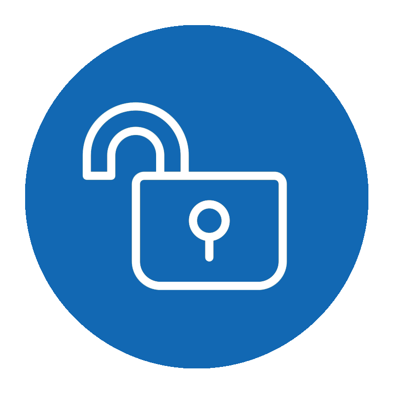 a blue circle icon with a line art of a open pad lock