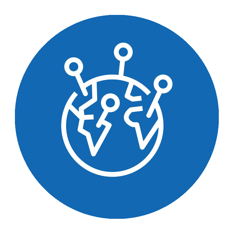 a blue circle icon with an line art of earth with multiple route pins on it