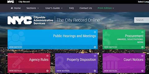 A screen shot of The City Record homepage representing the 3 modules for the City Record Online: Public Hearings & Meetings, Procurement, Agency Rules, Property Dispositions and Court Notices