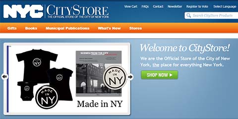 A screen shot of the Welcome screen for the CityStore and includes the entire the site button and an image that includes the Made in NY t-shirt and a book of the same name